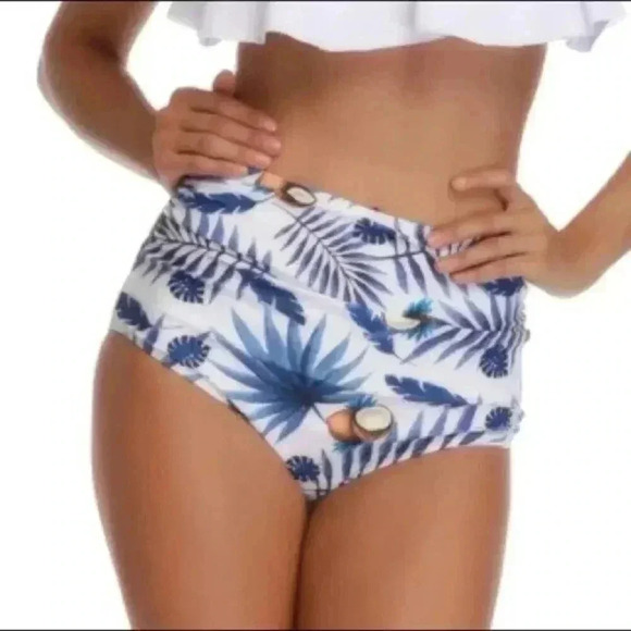 Tropical Blue and White Coconuts Swim Bottoms S - Picture 2 of 6
